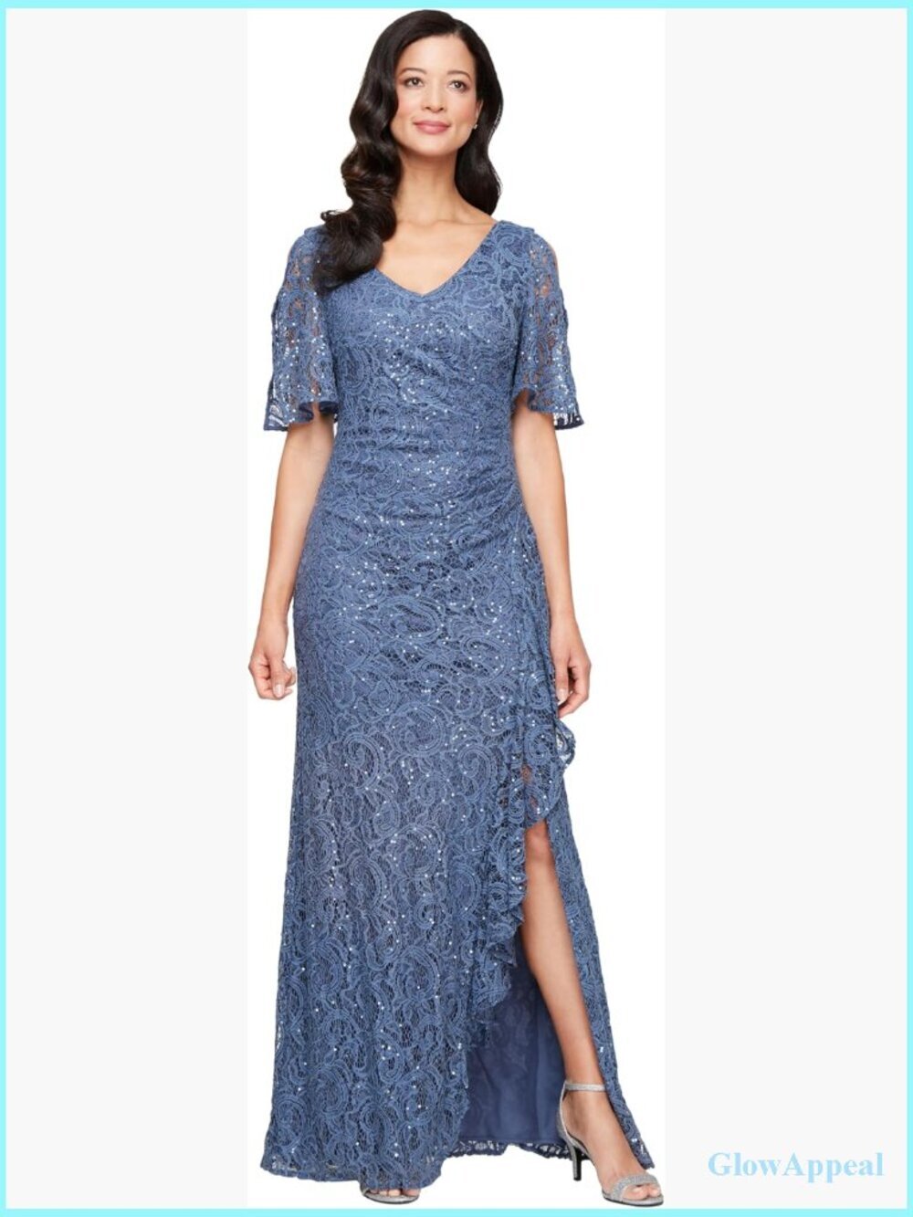 Women's Long Stretch Lace Mother of Bride Dress with Flutter Sleeves